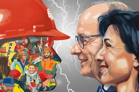 Grafische Illustration mit IG BAU-Bezug: Im Profil ein roter Bauhelm voller demonstrierender Menschen mit Transparenten, ihnen gegenübersitzend zwei Personen im Profil vor grauem Hintergrund mit Blitzmotiv.