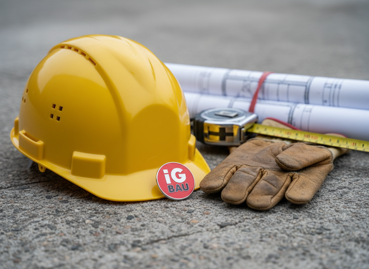 A close-up, photographic image of a robust yellow construction helmet, a pair of well-worn but intact work gloves, and a bright red IG BAU enamel badge resting on a rough, gray concrete surface. Behind them, slightly blurred, lie rolled-up building plans secured with a red elastic band and a steel measuring tape partially extended. The lighting is a soft overcast daylight, falling from the left and creating subtle shadows and gentle highlights on the helmet’s smooth plastic and the gloves’ textured leather. Shot at a low, three-quarter angle with shallow depth of field, the composition emphasizes safety, solidarity, and the craftsmanship of the Bau sector, with a clean, documentary-style realism befitting a serious Gewerkschaft presentation.
