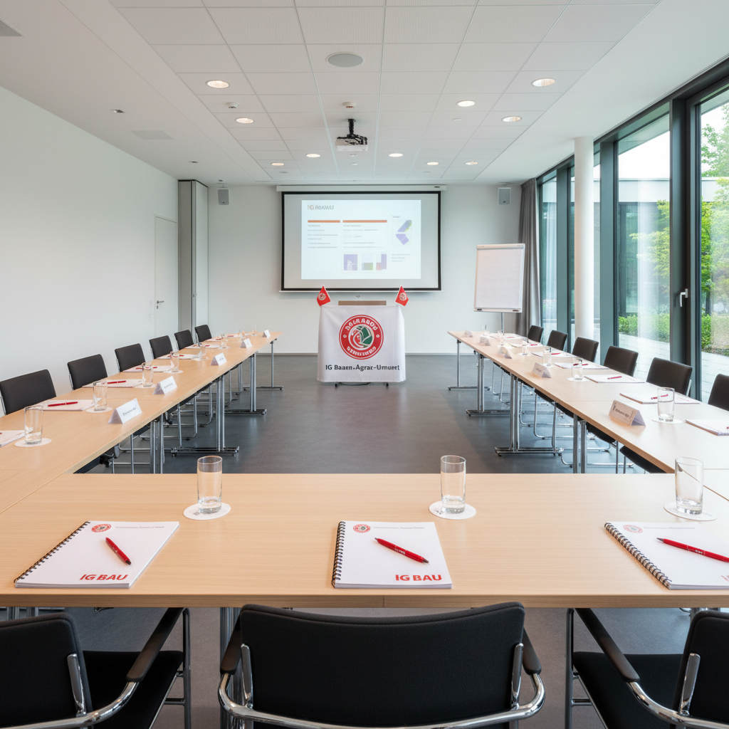 A modern, bright meeting room in Königs Wusterhausen prepared for a regional Gewerkschaftsversammlung of the IG Bauen-Agrar-Umwelt. Long rectangular tables are arranged in a U-shape, each place set with red-and-white IG BAU-branded notepads, ballpoint pens, and water glasses. At the front stands a lectern draped with a crisp IG BAU banner, flanked by small red flags and a projection screen showing an agenda layout without readable text. Soft, diffused daylight enters through large windows, complemented by unobtrusive ceiling lighting, creating an evenly lit, professional environment. Photographic realism, wide-angle shot from the back of the room with strong depth of field, conveying organization, readiness, and democratic participation without any people present.