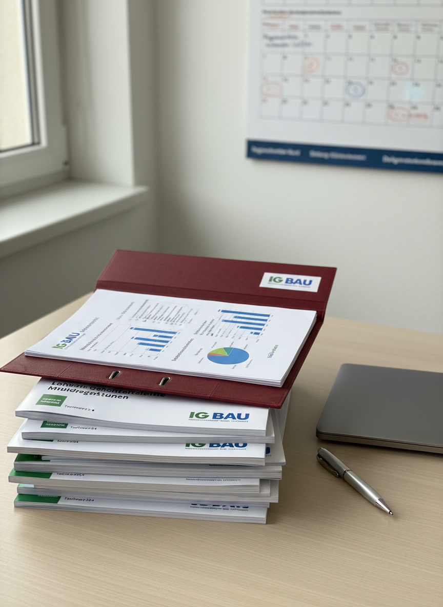 A neatly arranged stack of detailed collective bargaining agreements and informational brochures from the Industriegewerkschaft Bauen-Agrar-Umwelt, placed on a clean, light-wood office table. A deep red IG BAU logo folder lies open, revealing organized documents with visible section headings and charts, all in German. In the background, a large wall calendar marked with regional meeting dates is softly out of focus. Natural daylight from a nearby window creates even, neutral illumination with gentle reflections on a silver pen and a matte laptop cover. Photographic realism, eye-level composition with a slight diagonal perspective, sharp focus on the documents, blurred background, conveying a professional, trustworthy and structured atmosphere suitable for a Gewerkschaft-Kreisverband website.