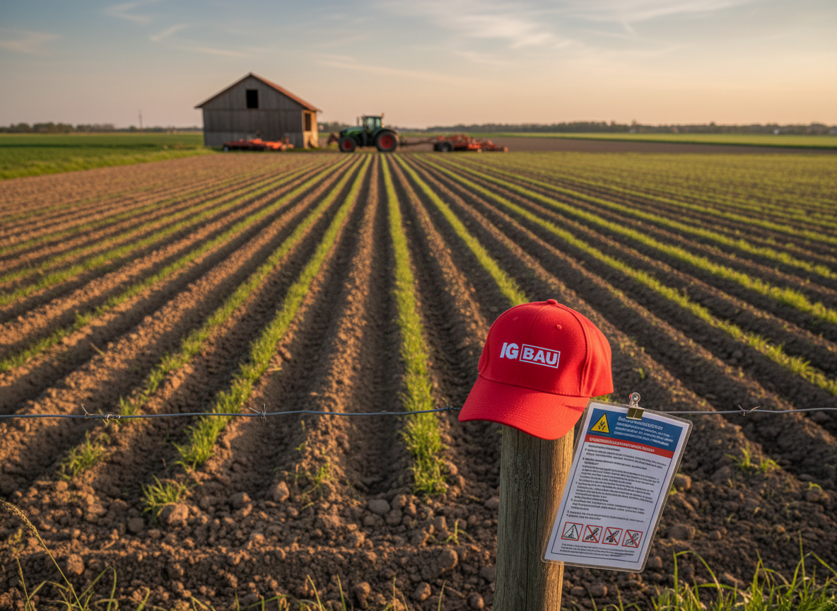 An atmospheric depiction of a rural Brandenburg landscape near Königs Wusterhausen, showing a neatly maintained agricultural field with alternating strips of green crops and freshly tilled brown soil. In the foreground on a simple wooden fence post rests a red IG BAU cap alongside a laminated safety instruction card clipped to the wire. Farther back, a small, well-kept barn and modern agricultural machinery are softly out of focus. Late afternoon sunlight casts long, warm shadows, enhancing the textures of soil and plants. Photographic realism, eye-level composition with gentle leading lines formed by the field rows, creating a calm yet determined mood that highlights the Agrar branch of the Gewerkschaft without including any people.