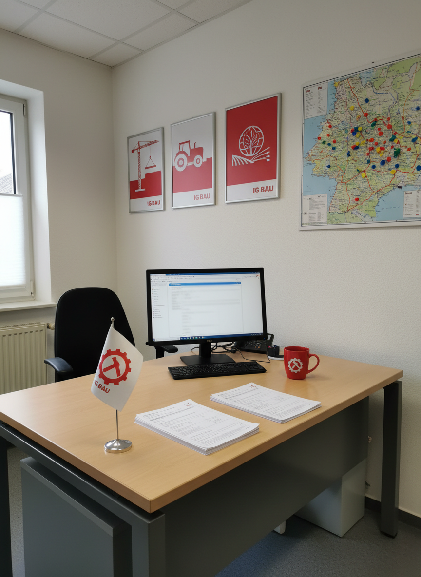 A detailed interior scene of a modest union office for the IG BAU-Kreisverband Königs Wusterhausen. A sturdy light-wood desk holds a desktop computer with a visible but non-legible email interface, a red IG BAU coffee mug, a tidy stack of membership forms, and a small desktop flag bearing the union’s logo. On the wall behind the desk, several framed posters show abstract graphics of construction, agriculture, and environmental protection, all in the union’s red-white color scheme, while a large regional map of Brandenburg is pinned with colored markers. Balanced artificial ceiling lighting combines with faint daylight from a side window, producing a neutral, professional atmosphere. Photographic realism, slightly elevated angle with moderate depth of field, emphasizing structure, competence, and local presence of the Kreisverband.