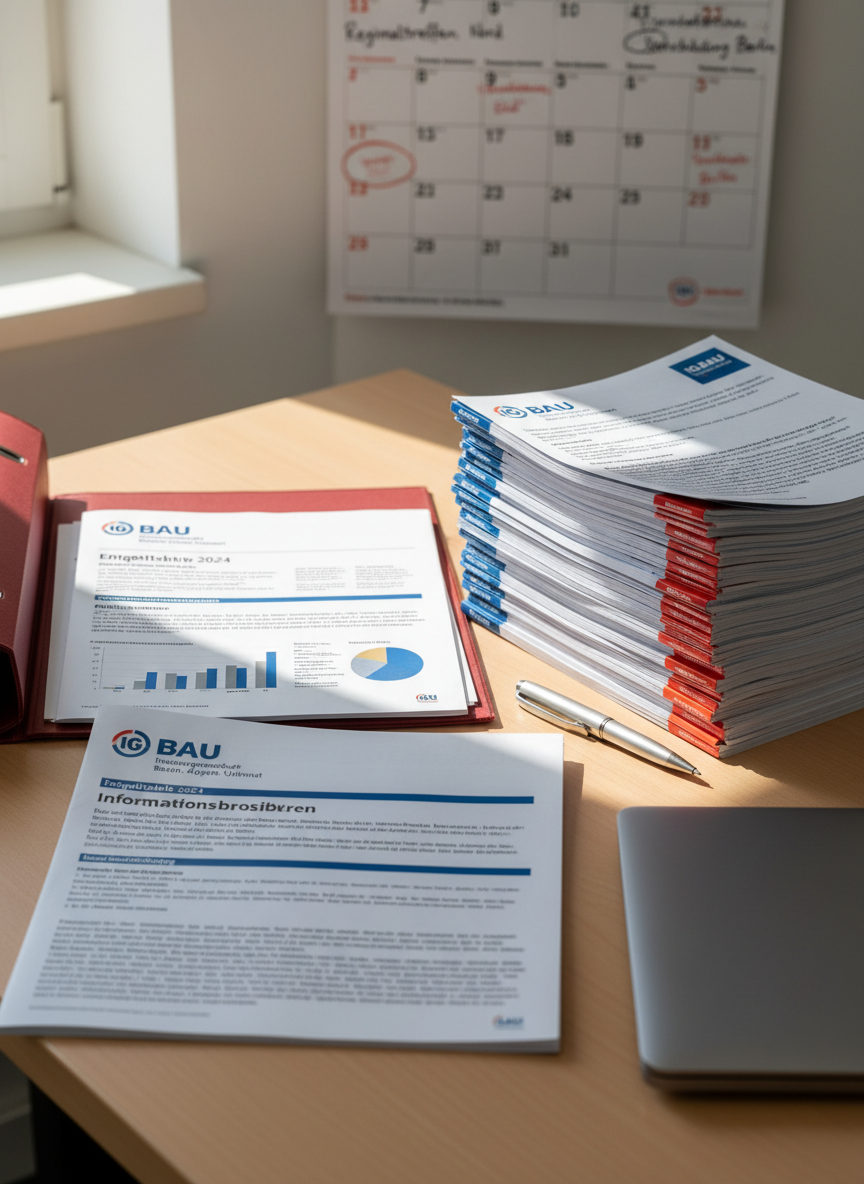 A neatly arranged stack of detailed collective bargaining agreements and informational brochures from the Industriegewerkschaft Bauen-Agrar-Umwelt, placed on a clean, light-wood office table. A deep red IG BAU logo folder lies open, revealing organized documents with visible section headings and charts, all in German. In the background, a large wall calendar marked with regional meeting dates is softly out of focus. Natural daylight from a nearby window creates even, neutral illumination with gentle reflections on a silver pen and a matte laptop cover. Photographic realism, eye-level composition with a slight diagonal perspective, sharp focus on the documents, blurred background, conveying a professional, trustworthy and structured atmosphere suitable for a Gewerkschaft-Kreisverband website.